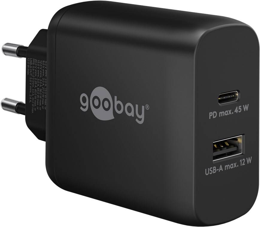 50x Goobay 65411 USB-C™ PD GaN Dual-Schnellladegerät (45 W) schwarz, schwarz - 1x USB-C™-Anschluss (Power Delivery) und 1x USB-A-Anschluss