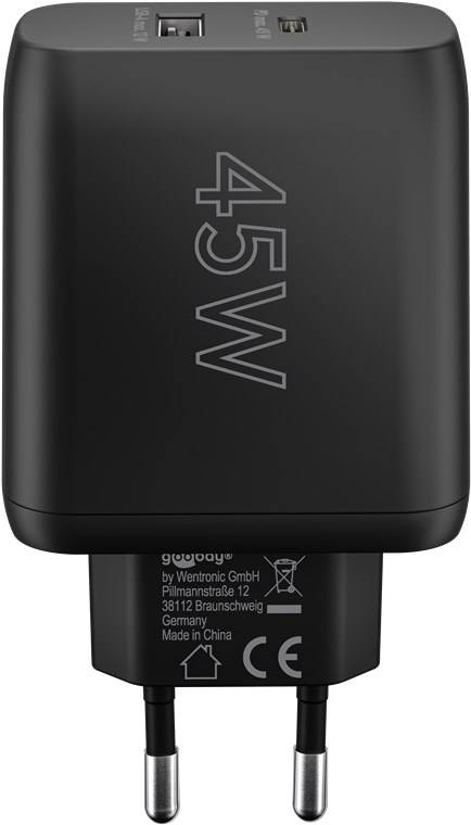 50x Goobay 65411 USB-C™ PD GaN Dual-Schnellladegerät (45 W) schwarz, schwarz - 1x USB-C™-Anschluss (Power Delivery) und 1x USB-A-Anschluss