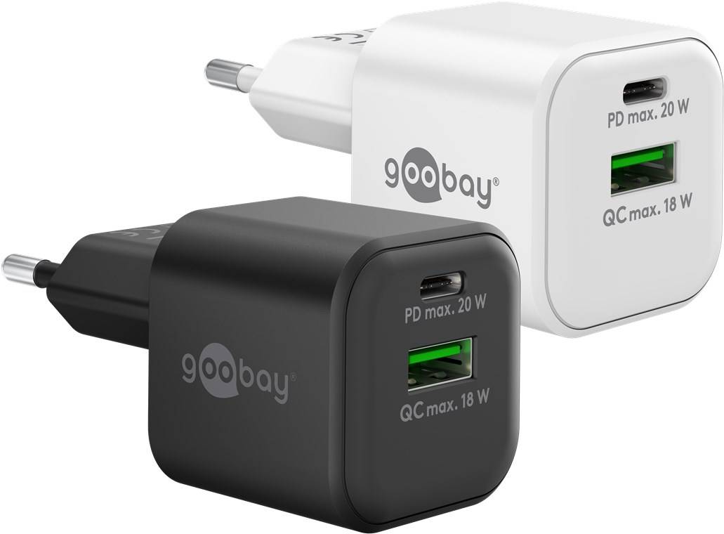 60x Goobay 65865 USB-C™ PD GaN Dual-Schnellladegerät Nano (20 W) weiß, Weiß - 1x USB-C™-Anschluss (Power Delivery) und 1x USB-A-Anschluss (Quic