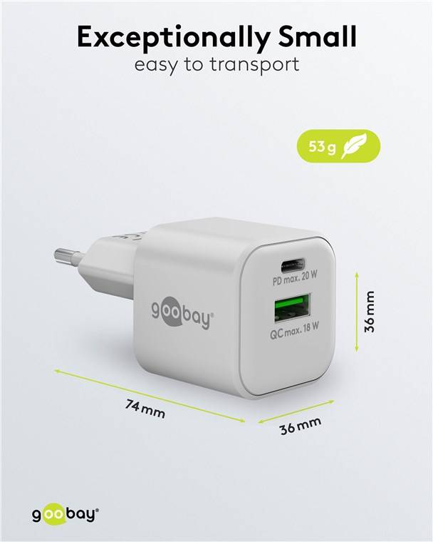 60x Goobay 65865 USB-C™ PD GaN Dual-Schnellladegerät Nano (20 W) weiß, Weiß - 1x USB-C™-Anschluss (Power Delivery) und 1x USB-A-Anschluss (Quic