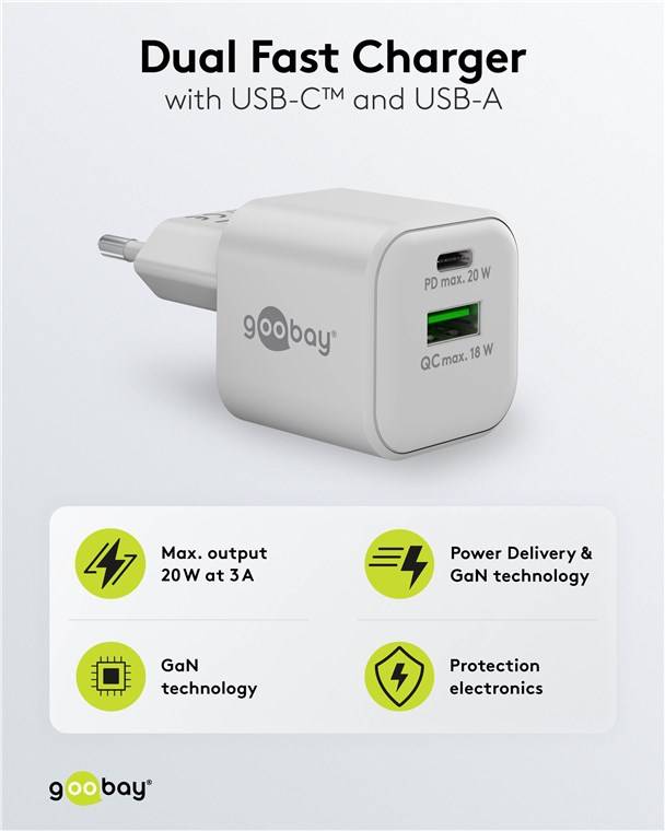 60x Goobay 65865 USB-C™ PD GaN Dual-Schnellladegerät Nano (20 W) weiß, Weiß - 1x USB-C™-Anschluss (Power Delivery) und 1x USB-A-Anschluss (Quic