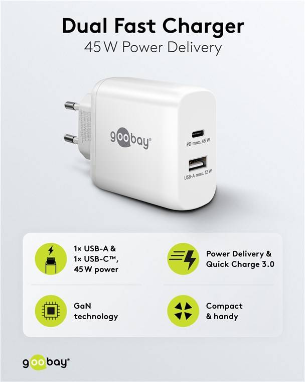 Goobay 65412 USB-C™ PD GaN Dual-Schnellladegerät (45 W) weiß, Weiß - 1x USB-C™-Anschluss (Power Delivery) und 1x USB-A-Anschluss