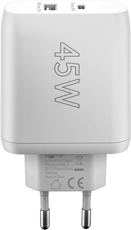 Goobay 65412 USB-C™ PD GaN Dual-Schnellladegerät (45 W) weiß, Weiß - 1x USB-C™-Anschluss (Power Delivery) und 1x USB-A-Anschluss