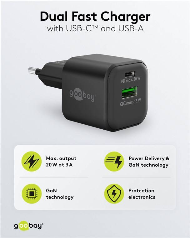 60x Goobay 65864 USB-C™ PD GaN Dual-Schnellladegerät Nano (20 W) schwarz, schwarz - 1x USB-C™-Anschluss (Power Delivery) und 1x USB-A-Anschluss (