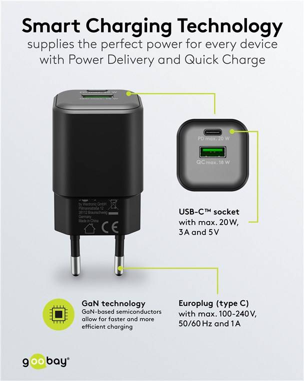 60x Goobay 65864 USB-C™ PD GaN Dual-Schnellladegerät Nano (20 W) schwarz, schwarz - 1x USB-C™-Anschluss (Power Delivery) und 1x USB-A-Anschluss (