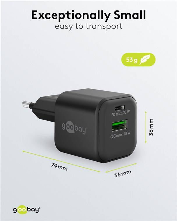 60x Goobay 65864 USB-C™ PD GaN Dual-Schnellladegerät Nano (20 W) schwarz, schwarz - 1x USB-C™-Anschluss (Power Delivery) und 1x USB-A-Anschluss (