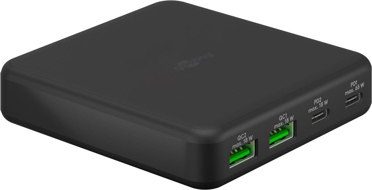 Goobay 65813 USB-C™ PD GaN Multiport-Tischladegerät (65 W) schwarz, 1.5 m - 2x USB-C™-Anschlüsse (Power Delivery) und 2x USB-A-Anschlüsse (Quic