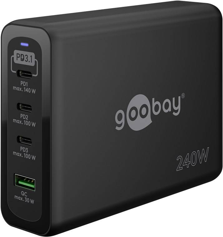 Goobay 65885 USB-C™ PD GaN Multiport-Schnellladegerät (240 W) schwarz, schwarz, 1.5 m - 3x USB-C™-Anschlüsse (Power Delivery) und 1x USB-A-Ansch