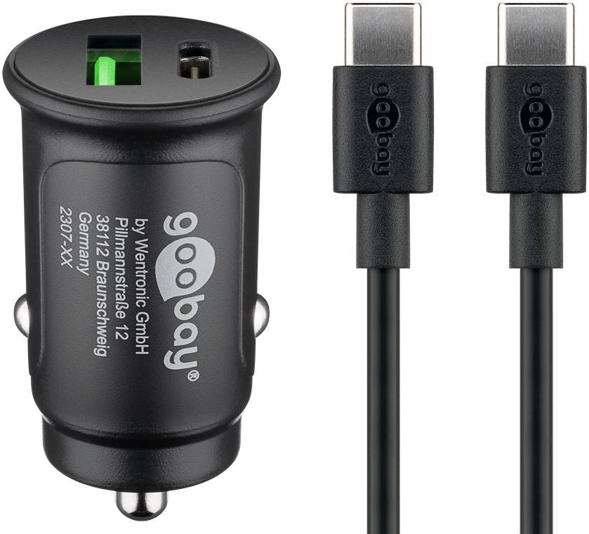 Goobay 72165 Dual-USB Auto-Schnellladeset USB-C™ (27 W), schwarz, 1 m - Kfz-Ladeadapter mit 1x USB-C™ und 1x USB-A, USB-C™-Kabel, 1 m, schwarz