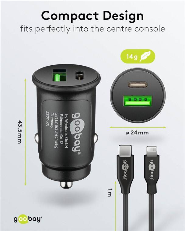 Goobay 72165 Dual-USB Auto-Schnellladeset USB-C™ (27 W), schwarz, 1 m - Kfz-Ladeadapter mit 1x USB-C™ und 1x USB-A, USB-C™-Kabel, 1 m, schwarz