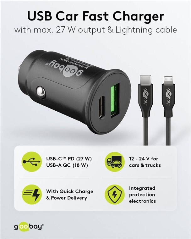 Goobay 72165 Dual-USB Auto-Schnellladeset USB-C™ (27 W), schwarz, 1 m - Kfz-Ladeadapter mit 1x USB-C™ und 1x USB-A, USB-C™-Kabel, 1 m, schwarz