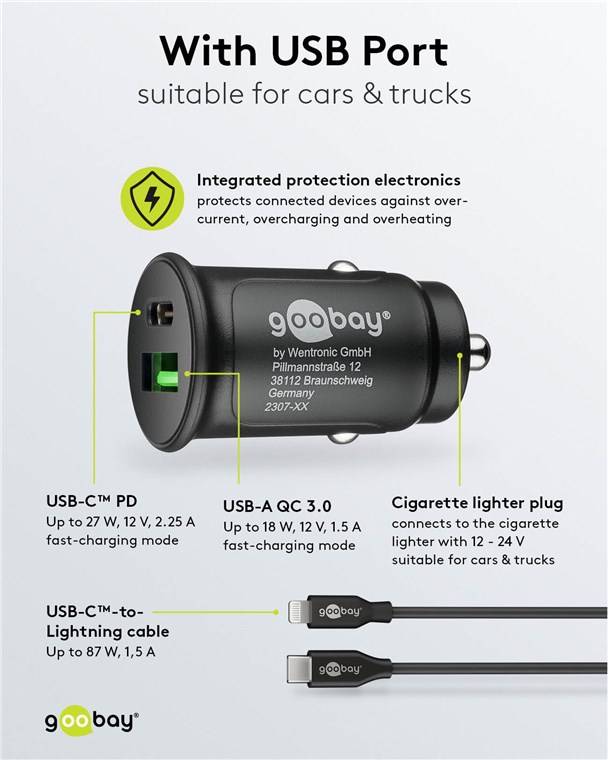 Goobay 72165 Dual-USB Auto-Schnellladeset USB-C™ (27 W), schwarz, 1 m - Kfz-Ladeadapter mit 1x USB-C™ und 1x USB-A, USB-C™-Kabel, 1 m, schwarz