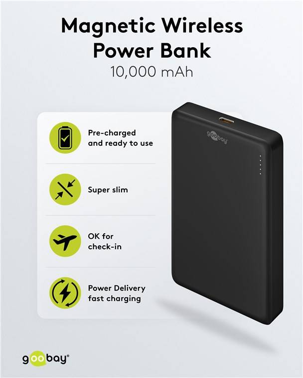 Goobay 70183 Magnetische Wireless Powerbank 10.000 mAh, schwarz, 0.3 m - 20 W, haftet magnetisch an der Handyrückseite, ideal für gleichzeitiges Lad