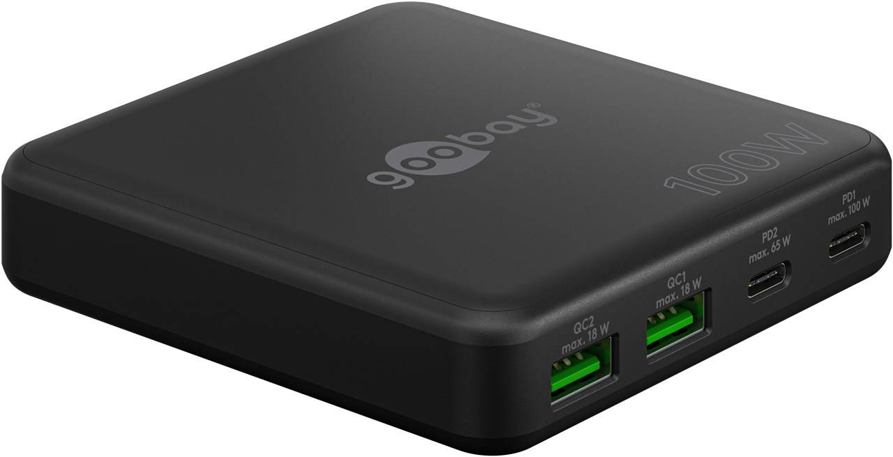 20x Goobay 70764 USB-C™ PD GaN Multiport-Tischladegerät (100 W) schwarz, schwarz, 1.5 m - 2x USB-C™-Anschlüsse (Power Delivery) und 2x USB-A-Ans