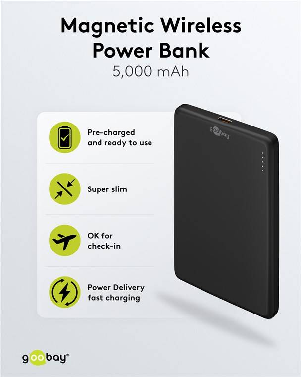10x Goobay 70182 Magnetische Wireless Powerbank 5.000 mAh, schwarz, 0.3 m - 20 W, haftet magnetisch an der Handyrückseite, ideal für gleichzeitiges