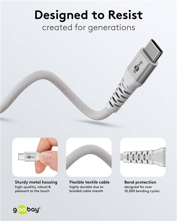 60x Goobay 70194 USB-C™ Supersoftes Textilkabel mit Metallsteckern, 2 m, weiß, 2 m - elegantes und extrarobustes Verbindungskabel für Geräte mit