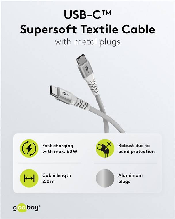 60x Goobay 70194 USB-C™ Supersoftes Textilkabel mit Metallsteckern, 2 m, weiß, 2 m - elegantes und extrarobustes Verbindungskabel für Geräte mit