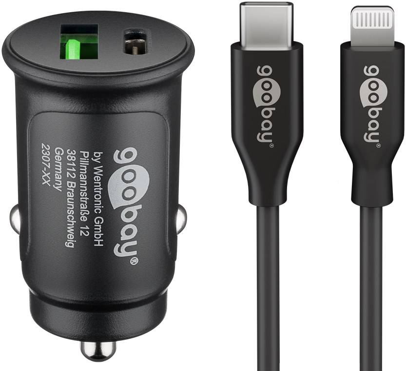 Goobay 72166 Dual-USB Auto-Schnellladeset Lightning (27 W), schwarz, 1 m - Kfz-Ladeadapter mit 1x USB-C™ und 1x USB-A, USB-C™-Lightning-Kabel, 1