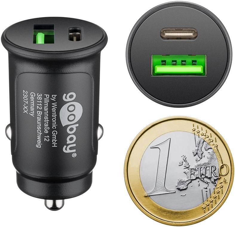 Goobay 72166 Dual-USB Auto-Schnellladeset Lightning (27 W), schwarz, 1 m - Kfz-Ladeadapter mit 1x USB-C™ und 1x USB-A, USB-C™-Lightning-Kabel, 1