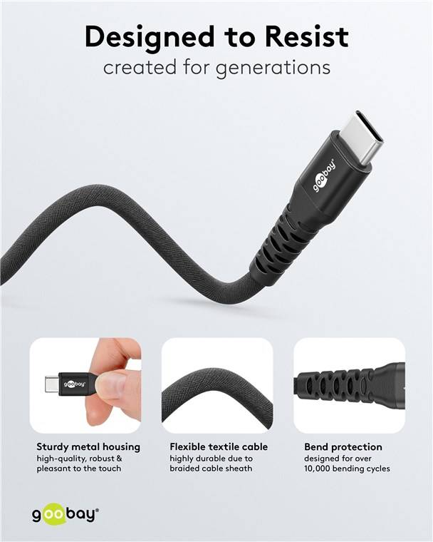 60x Goobay 73954 USB-C™ Supersoftes Textilkabel mit Metallsteckern, 2 m, schwarz, 2 m - elegantes und extrarobustes Verbindungskabel für Geräte mi
