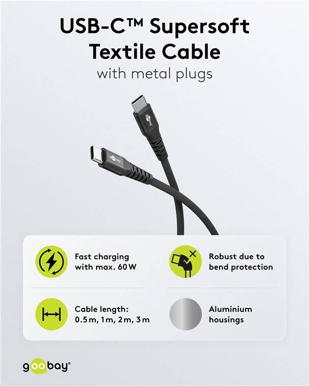 60x Goobay 73954 USB-C™ Supersoftes Textilkabel mit Metallsteckern, 2 m, schwarz, 2 m - elegantes und extrarobustes Verbindungskabel für Geräte mi