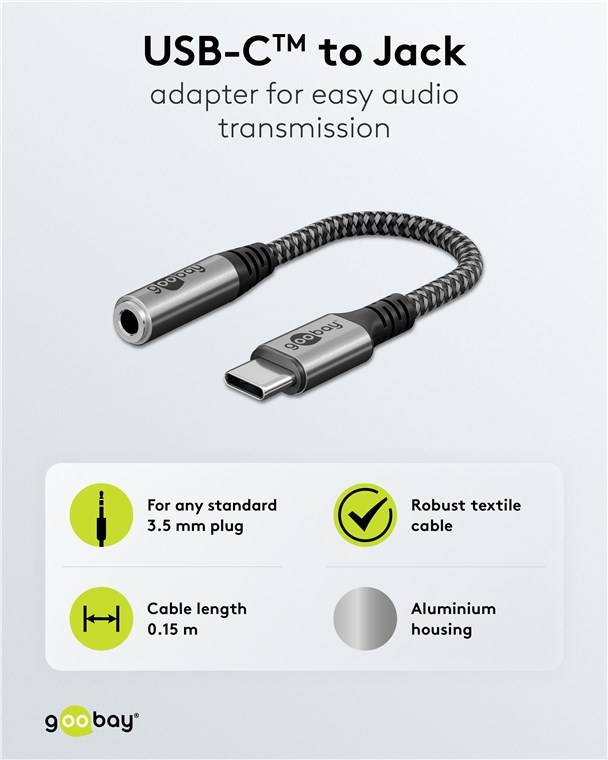 Goobay 74056 Adapter USB-C™ auf Klinke, 3,5 mm AUX, schwarz-grau, 0.15 m - USB-C™-Stecker > Klinke 3,5 mm Buchse (3-Pin, stereo)