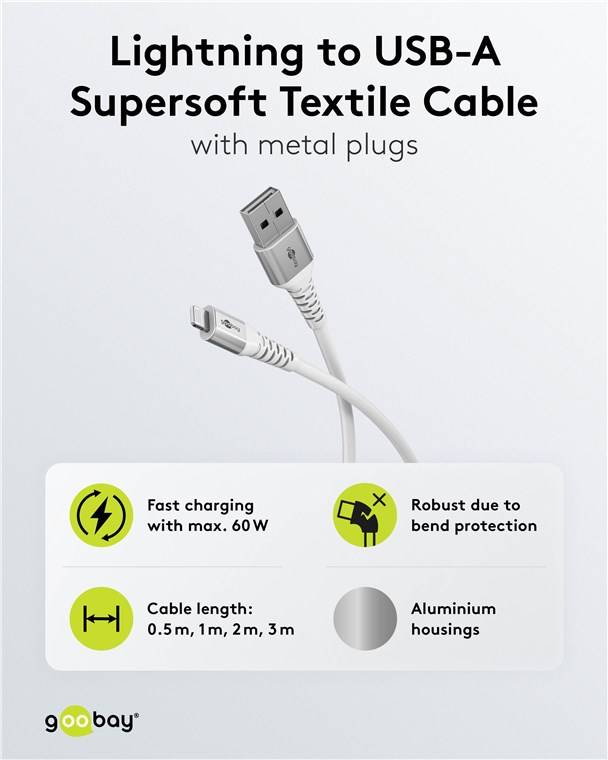 60x Goobay 74512 Lightning auf USB-A Supersoftes Textilkabel mit Metallsteckern, 2 m, 2 m, weiß - elegantes und extrarobustes, MFi-zertifiziertes