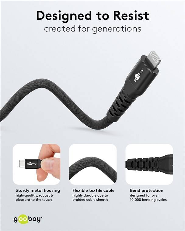 100x Goobay 74515 Lightning auf USB-C™ Supersoftes Textilkabel mit Metallsteckern, 1 m, 1 m, schwarz - elegantes und extrarobustes, MFi-zertifiziert