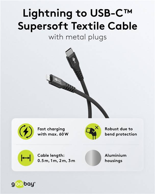 Goobay 74514 Lightning auf USB-C™ Supersoftes Textilkabel mit Metallsteckern, 0,5 m, 0.5 m, schwarz - elegantes und extrarobustes, MFi-zertifizierte