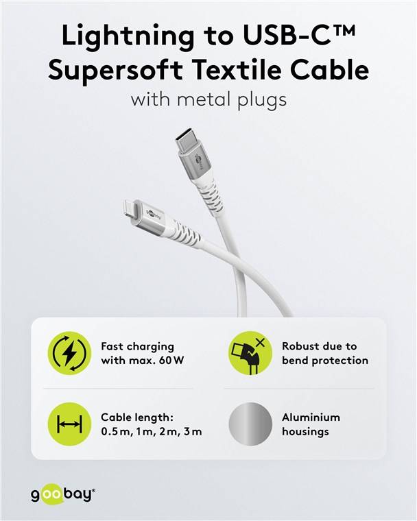 100x Goobay 74519 Lightning auf USB-C™ Supersoftes Textilkabel mit Metallsteckern, 1 m, 1 m, weiß - elegantes und extrarobustes, MFi-zertifiziertes