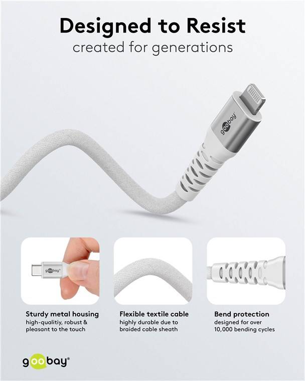 100x Goobay 74519 Lightning auf USB-C™ Supersoftes Textilkabel mit Metallsteckern, 1 m, 1 m, weiß - elegantes und extrarobustes, MFi-zertifiziertes