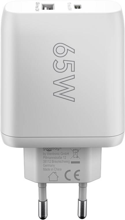 Goobay 65410 USB-C™ PD GaN Dual-Schnellladegerät (65 W) weiß, Weiß - 1x USB-C™-Anschluss (Power Delivery) und 1x USB-A-Anschluss