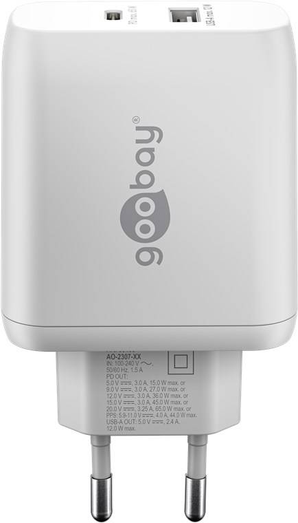 Goobay 65410 USB-C™ PD GaN Dual-Schnellladegerät (65 W) weiß, Weiß - 1x USB-C™-Anschluss (Power Delivery) und 1x USB-A-Anschluss