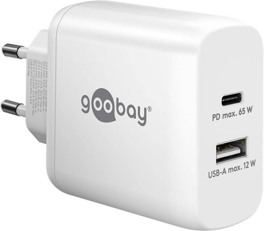 Goobay 65410 USB-C™ PD GaN Dual-Schnellladegerät (65 W) weiß, Weiß - 1x USB-C™-Anschluss (Power Delivery) und 1x USB-A-Anschluss