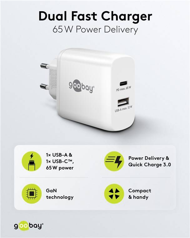 Goobay 65410 USB-C™ PD GaN Dual-Schnellladegerät (65 W) weiß, Weiß - 1x USB-C™-Anschluss (Power Delivery) und 1x USB-A-Anschluss