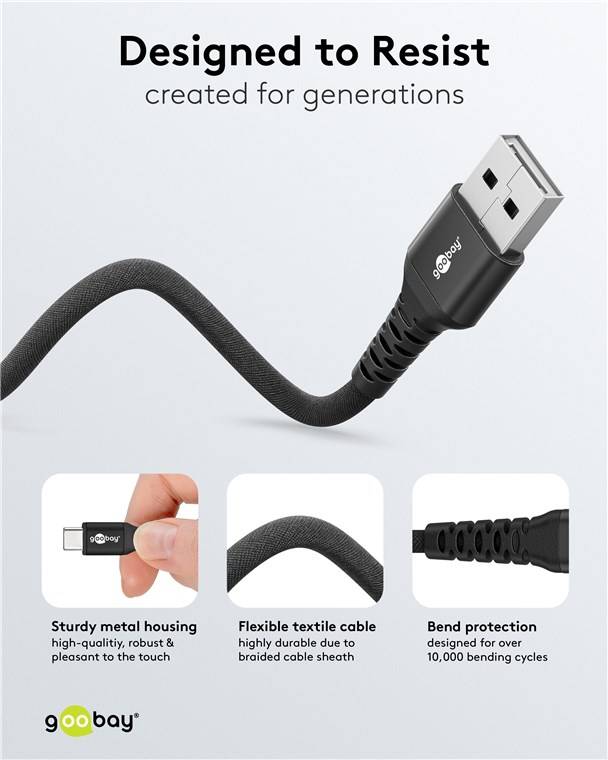 100x Goobay 74526 USB-C™ auf USB-A Supersoftes Textilkabel mit Metallsteckern, 1 m, schwarz, 1 m - elegantes und extrarobustes Verbindungskabel für