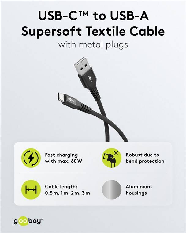80x Goobay 74528 USB-C™ auf USB-A Supersoftes Textilkabel mit Metallsteckern, 3 m, schwarz, 3 m - elegantes und extrarobustes Verbindungskabel für