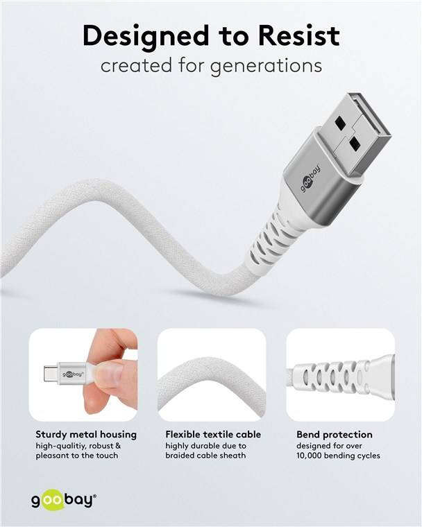 Goobay 74530 USB-C™ auf USB-A Supersoftes Textilkabel mit Metallsteckern, 1 m, weiß, 1 m - elegantes und extrarobustes Verbindungskabel für Gerät