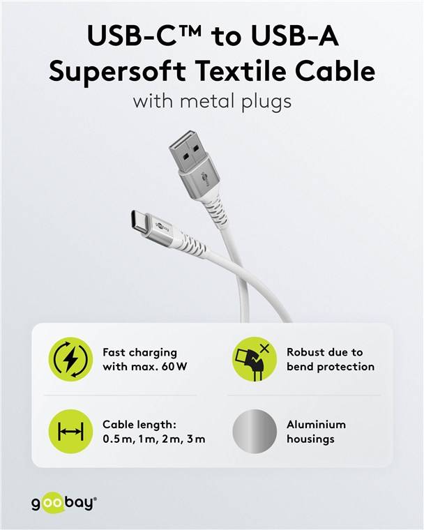100x Goobay 74530 USB-C™ auf USB-A Supersoftes Textilkabel mit Metallsteckern, 1 m, weiß, 1 m - elegantes und extrarobustes Verbindungskabel für