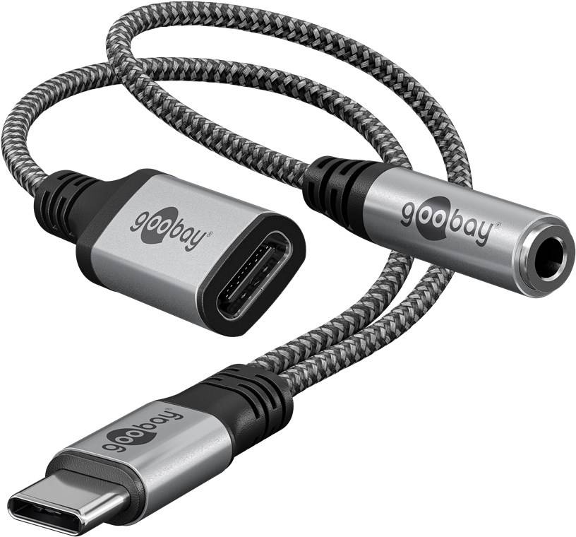Goobay 74524 Adapter USB-C™ auf USB-C™ und Klinke, 3,5 mm AUX, schwarz-grau, 0.15 m - USB-C™-Stecker > 1x USB-C™-Buchse und 1x Klinke 3,5 mm B