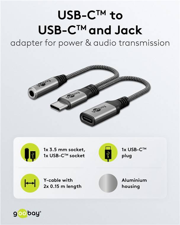 Goobay 74524 Adapter USB-C™ auf USB-C™ und Klinke, 3,5 mm AUX, schwarz-grau, 0.15 m - USB-C™-Stecker > 1x USB-C™-Buchse und 1x Klinke 3,5 mm B