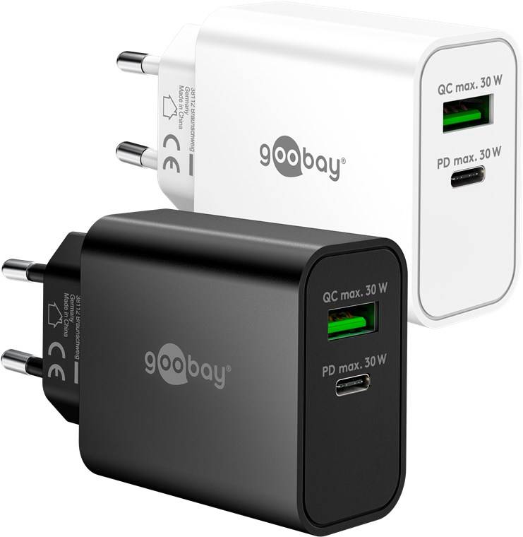 Goobay 75336 USB-C™ PD GaN Dual-Schnellladegerät (30 W) weiß, weiß - 1x USB-C™-Anschluss (Power Delivery) und 1x USB-A-Anschluss (Quick Charge)