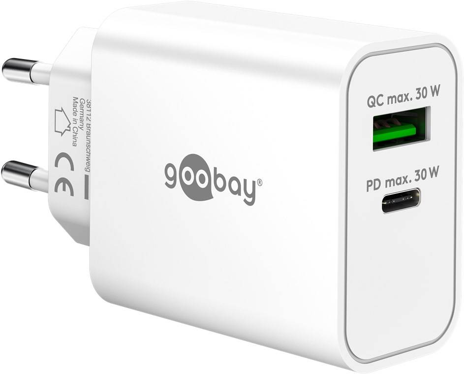 Goobay 75336 USB-C™ PD GaN Dual-Schnellladegerät (30 W) weiß, weiß - 1x USB-C™-Anschluss (Power Delivery) und 1x USB-A-Anschluss (Quick Charge)