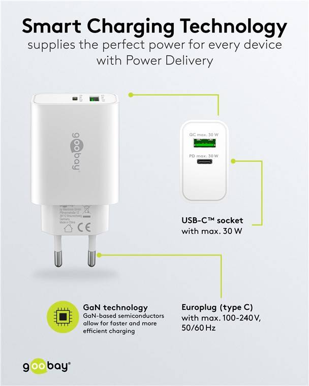 Goobay 75336 USB-C™ PD GaN Dual-Schnellladegerät (30 W) weiß, weiß - 1x USB-C™-Anschluss (Power Delivery) und 1x USB-A-Anschluss (Quick Charge)