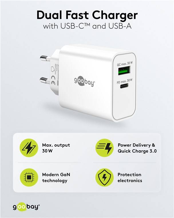 Goobay 75336 USB-C™ PD GaN Dual-Schnellladegerät (30 W) weiß, weiß - 1x USB-C™-Anschluss (Power Delivery) und 1x USB-A-Anschluss (Quick Charge)