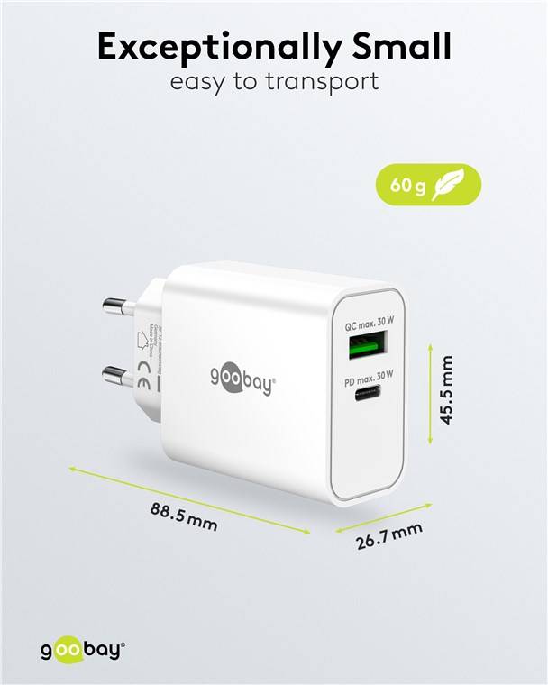 Goobay 75336 USB-C™ PD GaN Dual-Schnellladegerät (30 W) weiß, weiß - 1x USB-C™-Anschluss (Power Delivery) und 1x USB-A-Anschluss (Quick Charge)