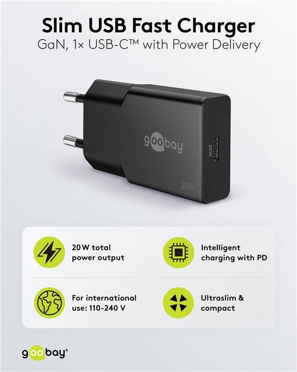 Goobay 75727 USB-C™ PD GaN Schnellladegerät Slim (20 W) schwarz, schwarz - 1x USB-C™-Anschluss (Power Delivery)