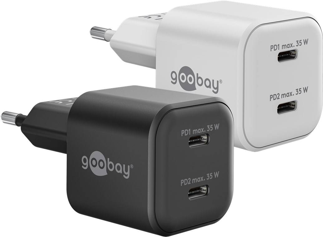Goobay 75333 USB-C™ PD GaN Dual-Schnellladegerät Nano (35 W) schwarz, schwarz - 2x USB-C™-Anschluss (Power Delivery)