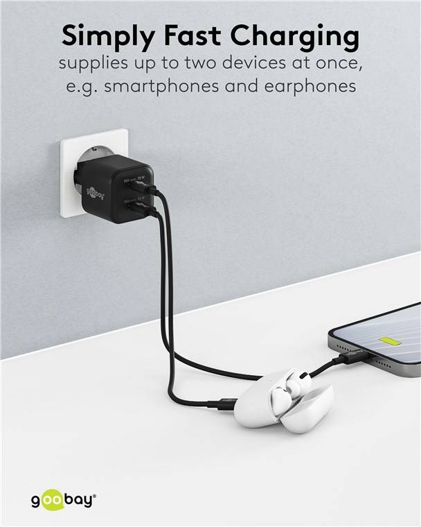 Goobay 75333 USB-C™ PD GaN Dual-Schnellladegerät Nano (35 W) schwarz, schwarz - 2x USB-C™-Anschluss (Power Delivery)