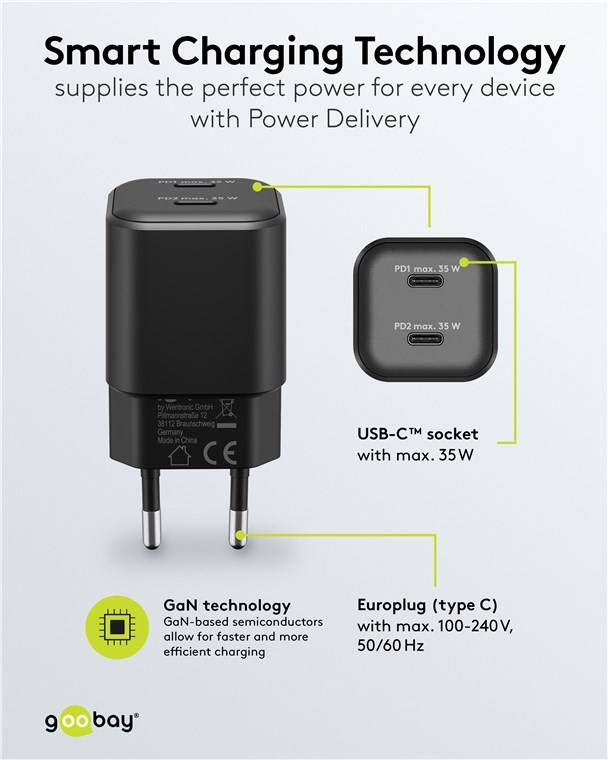 60x Goobay 75333 USB-C™ PD GaN Dual-Schnellladegerät Nano (35 W) schwarz, schwarz - 2x USB-C™-Anschluss (Power Delivery)